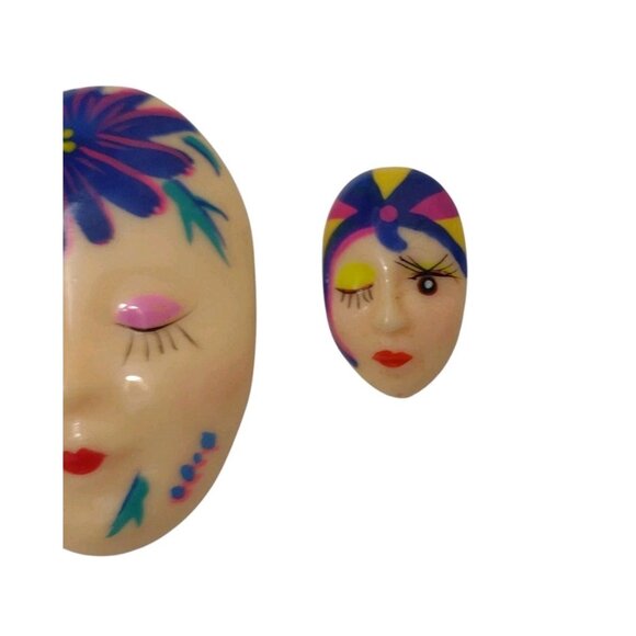 Vintage 80s Art Deco Figural Face Flapper Brooch Earrings Set Handpainted Artsy - Picture 2 of 6